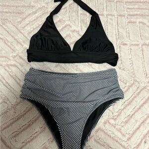 Beachsissi Black and White Bikini Set with Halter Top